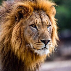 Fototapeta premium A close-up photo portrait of a lion in profile, deep focus on the curve of its nose and the texture of its whiskers, eye-level shot highlighting its elegant and fierce nature