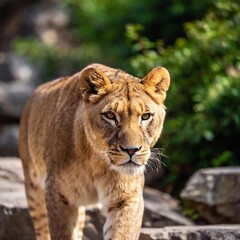 Fototapeta premium A full shot photo of a lioness crouched and ready to pounce, deep focus on its tense muscles and predatory gaze, low-angle shot that accentuates its readiness to spring forward and its raw power
