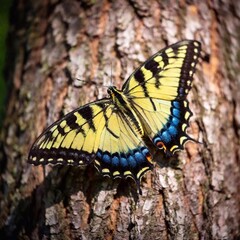 A close-up photo of a butterfly clinging to a tree bark, deep focus on the fine details of its camouflage patterns, eye-level shot providing a portrait that shows its adaptation to its natural environ
