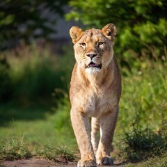 A full shot photo of a lioness in mid-roar, deep focus on its open mouth and intense facial expression, low-angle shot capturing the full body and the dynamic energy of its powerful stance