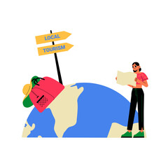 Tourist Holding Map Near Globe In Flat Vector Illustration Symbolizing Local Tourism, Exploration, And Travel Planning, Isolated On White Background