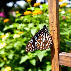 A full shot photo of a butterfly resting on a garden fence, soft focus blurring the flowers and greenery in the background, high angle shot showing the butterfly's complete form, casting a soft shadow