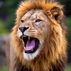 A close-up photo portrait of a lion roaring, deep focus on the details of its open mouth, teeth,...