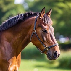 Fototapeta premium brown horse portrait in the green grass
