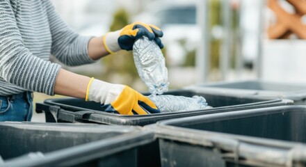 Person sorting plastic bottles for recycling in outdoor bins with protective gloves