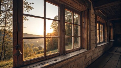 Warm sunlight filtering through old wooden windows, beams, warmth, soft focus, vintage, aged