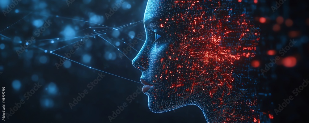 Poster artificial intelligence surrounded by a network of digital technology webs, representing the virtual
