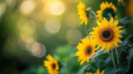 Obraz premium A vibrant field of sunflowers basking in sunlight, creating a cheerful and uplifting atmosphere.