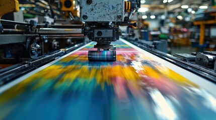 A vibrant printing process captures colorful ink rolling onto a surface, showcasing the intricate machinery involved in modern printing.