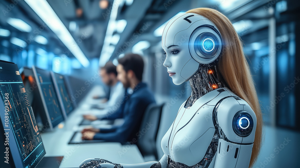 Poster artificial intelligence agent in modern office analyzing data for automated decision making