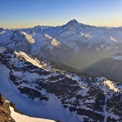 A high-resolution ultrarealistic image captures a breathtaking alpine vista. The vibrant digital photograph showcases towering snow-capped mountains bathed in early morning sunlight. The crisp blue sk