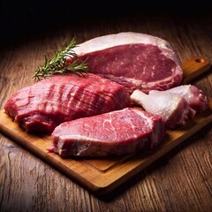 Fototapeta premium A high-resolution ultrarealistic image captures an assortment of raw meats on a wooden surface. Featured are slabs of beef, chicken breast, minced meat, sausages, and pork cuts, showcasing varied text
