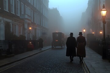 Foggy London Morning in 1865 – Dim Light Filtering Through Thick Mist, Capturing the Atmospheric Charm of Victorian-Era Streets