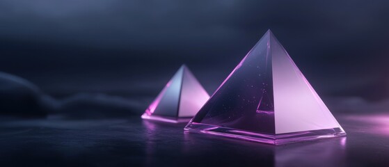 Two purple pyramids are reflected in the water
