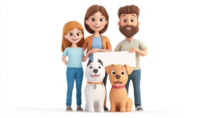 Family portrait with pets studio setting digital watercolor artwork bright environment playful viewpoint emphasizing connection and love for pets