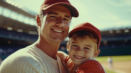A man and a boy are smiling and posing for a picture at a baseball game