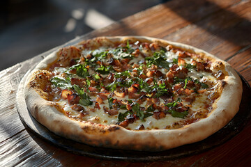 Gourmet pizza delight rustic setting food photography warm ambiance close-up culinary art