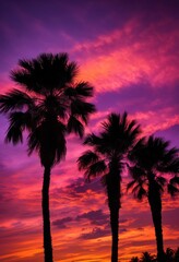 vibrant palm tree silhouettes beautiful sunset backdrop rich colors highlighting beauty, beach, coconut, dusk, evening, exotic, gradient, horizon