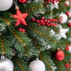 A high-resolution ultrarealistic image capturing a festive Christmas border. The artwork features snow-dusted pine branches adorned with an array of holiday decorations. Among the greenery, there are 