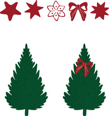 Watercolor vector Christmas tree bundle, collection.  Set of bows and Christmas trees.  Small Christmas tree without decoration, triangular shape. greeting cards, invitation, fabric, textil surface