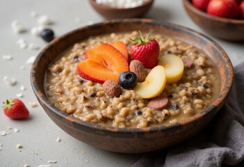 Close-up of creamy amaranth porridge served in a rustic bowl, garnished with fresh fruits and nuts. Healthy breakfast concept with vibrant fruits and warm textures in a cozy setting