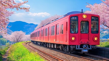 Fototapeta premium Red Train Through Cherry Blossoms in Japan