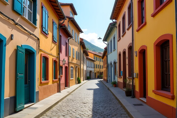 Obraz premium Ancient stone buildings line a narrow, winding street in a charming European village
