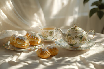 Fototapeta premium Elegant tea set display cozy home food photography bright atmosphere close-up culinary art
