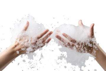 Pair of hands scoop soak in bubbles soapsuds soap foam on transparent background