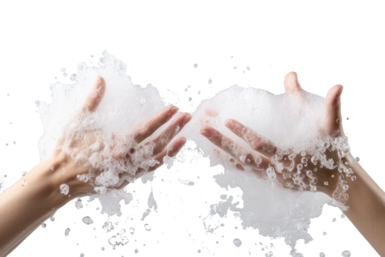 Pair of hands scoop soak in bubbles soapsuds soap foam on transparent background
