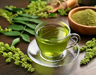 Cup of moringa herbal tea on the table with fresh leaves and flowers