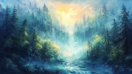 Obraz premium antasy landscape background, mystical forests, ethereal lighting, fantasy art style