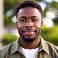 Fototapeta premium A close-up portrait of an African-American male confidently embracing his identity, showcasing self-acceptance and emotional intelligence. The split diopter focuses on his proud expression while blurr