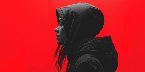 A mysterious woman in a hooded jacket stands against a striking red backdrop, conveying intrigue and contemporary style.