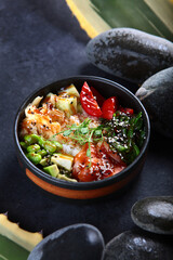 Poke salad with salmon. Delicious and hearty dish with red fish. Natural omega.