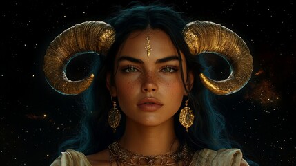 Portrait of a woman embodying the aries zodiac sign, featuring golden horns against a cosmic backdrop