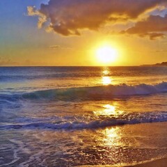 Obraz premium A colorful tropical sunset with waves gently crashing against the shore