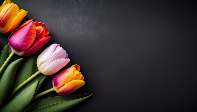 Sch&ouml;ne, bunte Tulpen vor einem dunklen Hintergrund mit Platz f&uuml;r Text zum Valentinstag.