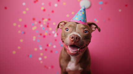 A cheerful merle pitbull wearing a colorful party hat, surrounded by vibrant confetti on a pink background. A fun and joyful celebration concept.