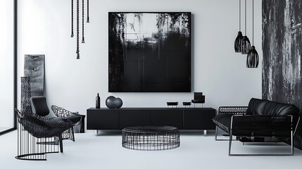 Minimalist black and white living room with modern art and metal accents.