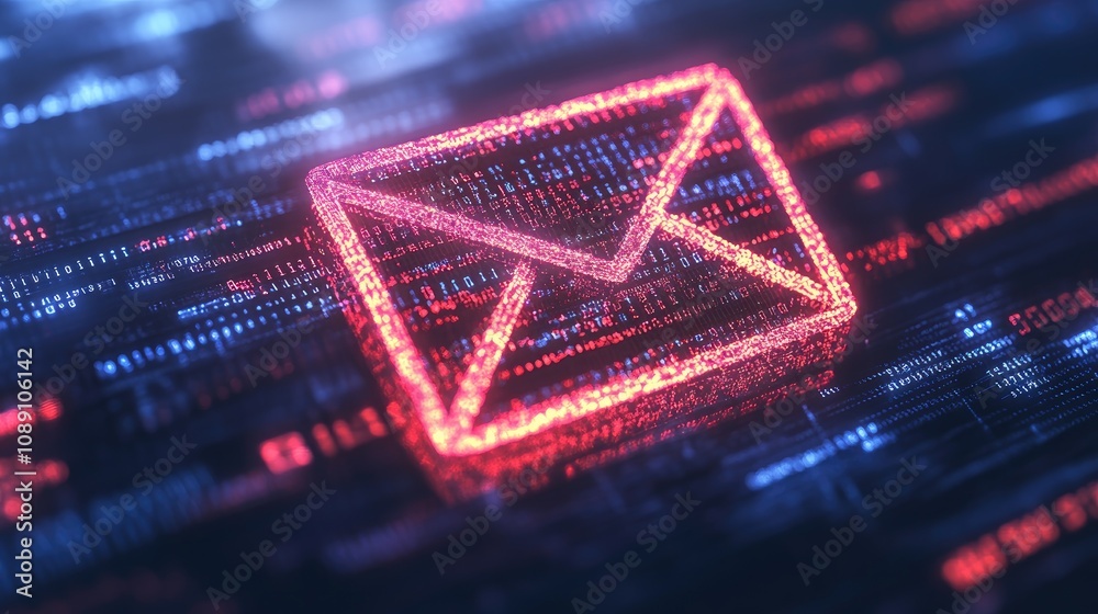 Poster an email symbol enveloped by binary code patterns, symbolizing the intersection of it and communicat