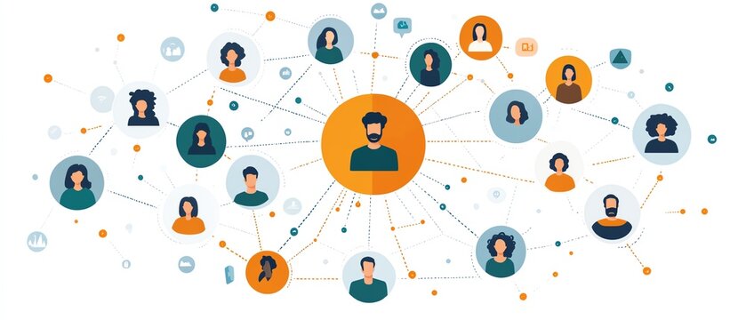 A web of connected customer profiles with a central radiant target, showcasing CRM strategies and the power of community technology, minimalistic yet impactful, professional design