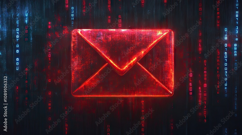 Poster an illuminated email icon with surrounding binary streams, depicting data transfer and network conne