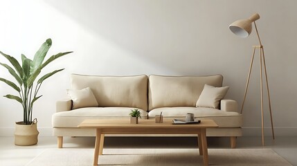 Minimalist living room with a beige sofa, wooden coffee table, and floor lamp.