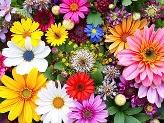 Fototapeta premium A colorful arrangement of flowers and foliage with insects in the center, entomology, outdoor spaces, wildlife photography