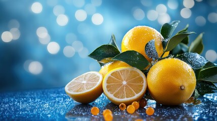 Fresh Lemons with Green Leaves and Water Droplets