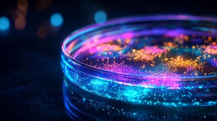 Glowing Petri Dish with Cells Showcasing Advances in Synthetic Biology