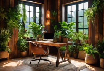 Fototapeta premium scenic workspace featuring nature inspired elements including natural wood earthy textures calming atmosphere, greenery, light, plants, decor, colors