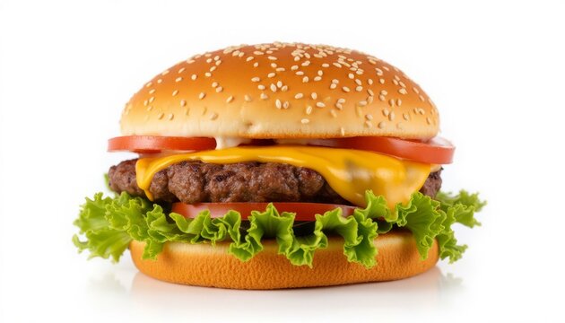 Classic cheeseburger with sesame seed bun, cheese, lettuce, and tomato