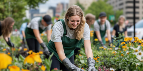 group of young adults joyfully participating in community garden cleanup, wearing green aprons and gloves, surrounded by vibrant flowers and urban buildings in background